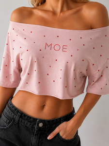 Mode estivale Y2K, haut court à épaules dénudées personnalisé avec strass thermocollants, OEM, uni, décontracté, respirant, chemisier pour femme, fournisseur en gros - Product Image 2