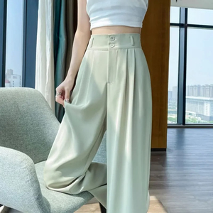 กางเกงขายาวเอวสูงทรงขากว้างผ้าซาตินสำหรับผู้หญิง สีพื้น จับจีบ ทรงหลวม กระดุมผ่าหน้า สไตล์มินิมอลสำหรับฤดูร้อน - Product Image 1