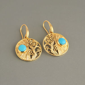 Elegantes Pendientes Colgantes de Filigrana con Piedra Turquesa Azul, Chapados en Oro de 18k, Hechos a Mano, Joyería Boho Chic de Moda - Product Image 2