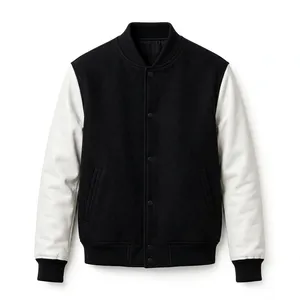 Chaqueta Varsity de Lana Negra para Hombre con Mangas de Cuero PU Blanco, Botones a Presión con la Letra L, Chaqueta Estilo Béisbol - Product Image 2