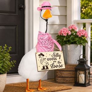 Décoration de porche : Chapeau de cowboy rose, bandana à motif paisley, panneau « Silly Goose », statue de jardin - Product Image 1