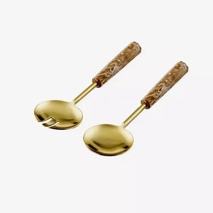 Ensemble de cuillères à salade modernes plaquées or avec manche en résine de bois, ensemble de cuillères à salade en acier inoxydable 18/8, ustensiles de cuisine, couverts - Product Image 6