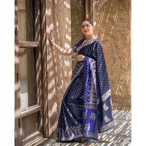 ATTRACTIVE BANARASI SOFT SILK <b>SILVER</b> ZARI WORK SAREE WITH UNSTITCHED BLOUSE BLUE - Product Image 1