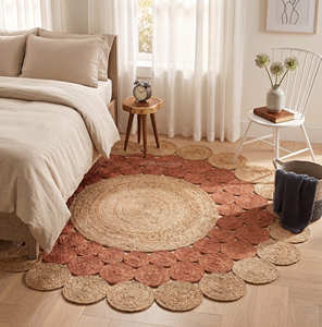 Braided <b>Round</b> Jute Rug with Navy Concentric Rings for Living Room, Entryway & Coastal Interiors - Product Image 4
