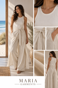 Tenues d'été décontractées chic et modernes pour femmes - Débardeur blanc côtelé en spandex respirant et pantalon ample à taille élastique avec superposition - Product Image 6