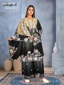 Ensemble Kurti-Plazzo de qualité supérieure en Chinon avec broderie ombrée et florale, et dupatta assortie, fournisseur de Surat - Product Image 5
