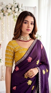 Sari brodé de fleurs violettes avec chemisier jaune, tenue de mariage indienne traditionnelle pour femmes, en polyester - Product Image 6