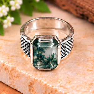 Bague en argent sterling 925 avec agate mousse, pierre précieuse verte taille émeraude, bijou de créateur - Product Image 3