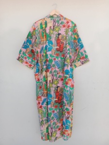 Bata tipo kimono con estampado floral rosa, de longitud completa, manga corta, cuello en V, cierre con cordón, ropa de dormir informal de verano - Product Image 5