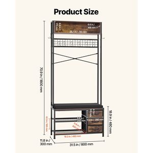 Appendiabiti da ingresso 3-in-1 da 70,9 pollici con panca portascarpe e libreria, organizer con 3 cassetti - Product Image 5