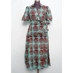 Robe longue élégante pour femme à manches courtes, imprimé floral, style décontracté vintage, 100% coton, taille naturelle avec ceinture, lavable, vente en gros - Product Image 1