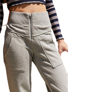 Leggings grises de punto de cintura alta con cremallera y bolsillos, pantalones elásticos casuales de longitud completa - Product Image 1