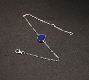 Trendy Natural Lapis Lazuli Gemstone 7x9mm Pear Bezel Solid 925 Silver Rhodium <b>Adjustable</b> Chain Minimalist <b>Bracelet</b> For Women - Product Image 5