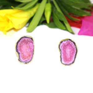 Goran Vogue Classic Design Pink Geode Druzy Gemstone 18K Gold Plated <b>Brass</b> Women's Anniversary Gift Skeleton Stud Earrings - Product Image 2