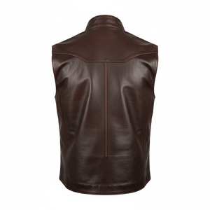 Chaleco de Cuero Genuino para Hombre, Color Marrón Oscuro, Cuello Alto, Cierre de Cremallera, Chalecos y Abrigos para Hombre Directo de Fábrica - Product Image 2