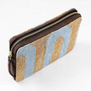 New Genuine Leather Jacquard Striped Wristlet <b>Zip</b> Closure Casual Handbag Light Blue Gold Brown Patterned Daily Use Clutch <b>Wallet</b> - Product Image 1