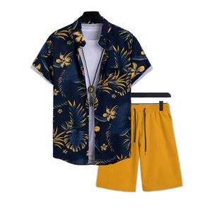Ensemble chemise hawaïenne 2 pièces pour homme, imprimé floral tropical, manches courtes, boutonnée, avec short uni à cordon de serrage, tenue de plage - Product Image 3