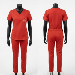Uniforme Médico para Mujer, Calidad Premium, Tela de Polialgodón 180 GSM, Conjunto de Pantalón y Blusa con Cuello en V Rojo, Logotipo Bordado Personalizado - Product Image 1