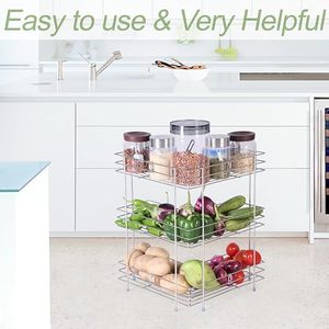 Estante de almacenamiento metálico de tres niveles para organización de alimentos en la cocina, apilable, diseño moderno, tipo vertical. - Product Image 5