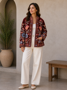 Uzbek Velvet Suzani Jacket <b>Coat</b> Floral Embroidery Short <b>Women's</b> Jacket Two Side Pocket <b>Coat</b> Boho Chic Jacket - Product Image 1