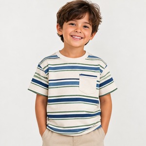 T-shirt en tricot rayé teint en fil pour enfants garçons, coton et polyester, manches courtes, col rond, avec poche, OEM ODM - Product Image 1