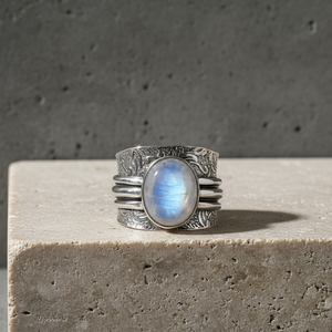 Natural Rainbow Moonstone <b>Ring</b> Vintage Wide Band Silver Plated Bohemian Jewelry for unisex - Product Image 5