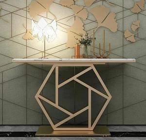 Modern Marble Top <b>Console</b> <b>Table</b> with <b>Gold</b> Metal Pedestal Base Contemporary Entryway Accent Furniture - Product Image 3