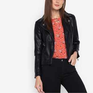 Veste en cuir PU pour femme, couleur unie, manches longues, fermeture éclair, col rabattu, longueur normale, style automne - Product Image 5