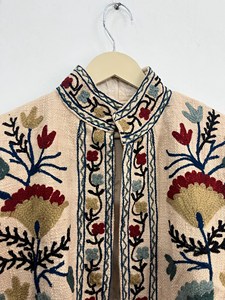 Bohemian Suzani Embroidery Jacket Women Handcrafted Beige Cotton Floral Coat Ethnic Wear Vintage Tribal Design Stand Collar - Product Image 4
