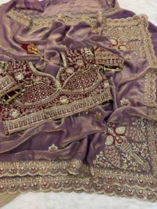 Designer Thread And Sequence Work Space Satin <b>Saree</b> Paired With Embroidery Work Fully Stitched Ready To Wear Blouse - Product Image 4