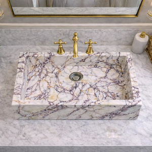 Lavabo Rectangular de Lujo de Mármol Natural Calacatta con Vetas Moradas y Doradas para Encimera de Baño - Product Image 2