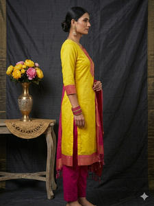 <b>Women's</b> Yellow Pink Cotton <b>Kurta</b> Set With Dupatta Traditional Indian Pakistani Casual Wear Regular Fit Suit Set for <b>Womens</b> - Product Image 5