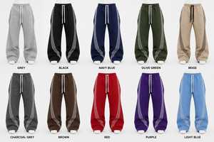 Pantalones Deportivos Unisex Grises a Rayas de Felpa/Algodón, Transpirables, de Peso Medio, Cintura Elástica, Corte Holgado, Largos, con Cordón Ajustable y Bordado - Product Image 6