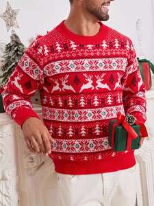 Pull à col rond pour homme, style rétro américain, automne-hiver, pull de Noël, tricot jacquard avec bordure côtelée - Product Image 2