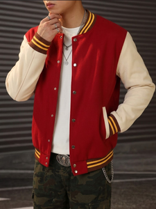 Blouson universitaire unisexe rouge avec bandes jaunes sur les manches, col en V, simple boutonnage, réversible, coupe-vent, pour l'hiver décontracté - Product Image 3
