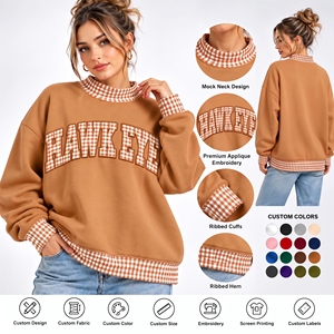 Fabricante de Sudaderas de Punto Holgadas Personalizadas para Mujer con Cuello Simulado, Manga Larga, Apliques de Letras, Retazos de Gingham y Ribete a Cuadros en Contraste - Product Image 1