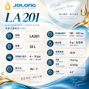 ปั๊มจาระบีลมแรงดันสูง JO LONG SK201 OEM ODM อัตราทด 55:1 ปั๊มลมแบบลูกสูบ ความจุ 20 ลิตร ได้รับการรับรองมาตรฐาน CE สำหรับยานยนต์ - Product Image 4