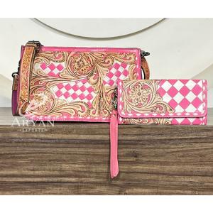 Ensemble assorti sac à main et portefeuille en cuir de vachette fait main, motif à carreaux rose et blanc, prix bas, personnalisable en usine - Product Image 1