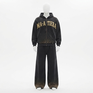 Conjunto de Sudadera con Capucha y Pantalones Deportivos Personalizados para Hombre, con Pedrería Negra, Cierre de Cremallera, Felpa de Algodón, Ropa Deportiva Urbana, Venta al Por Mayor OEM - Product Image 4