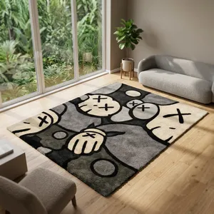 Tapis rectangulaire moderne et original, en peluche tuftée, avec dos antidérapant en caoutchouc, pour salon, motif gris, noir et blanc - Product Image 5