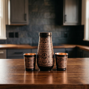 Black Etched Copper Water Carafe Set With Two Matching Cups Decorative Bird Pattern <b>Drinkware</b> Gift Collection Set - Product Image 1