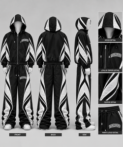 Survêtement streetwear homme personnalisé, sweat à capuche zippé, coupe ample, noir et blanc rayé, vêtements de sport - Product Image 2