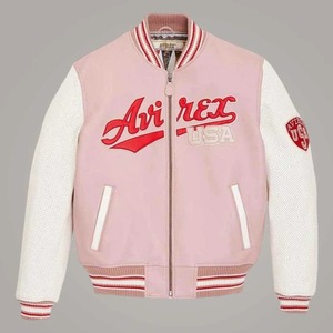 Avirex Light Pink <b>Sheepskin</b> Leather Bomber <b>Jacket</b> for Men - Product Image 1
