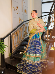 Green & Navy Blue Embroidered Silk <b>Lehenga</b> Choli Set <b>Women</b> Traditional Wedding Wear FloorLength Loose Fit Indian Pakistani Style - Product Image 4