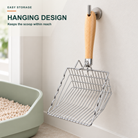 Pelle à litière pour chat avec manche en bois et crochet de suspension, pour un nettoyage facile de la litière, avec fil métallique à trous fins