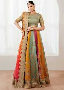 Robe de mariée traditionnelle indienne pakistanaise en soie Lehenga Choli pour femmes, réversible, longue jusqu'au sol, vêtements ethniques multicolores brodés - Product Image 6