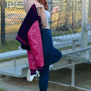 Veste courte universitaire pour femme, bleu roi et bordeaux, style Letterman, manteau bomber avec manches en similicuir, vêtement d'extérieur décontracté, mode féminine - Product Image 5