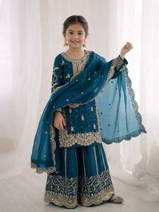 Ensemble Kurta et Palazzo brodés pour filles, vêtements ethniques en soie, tenue traditionnelle pour mariage, fête, Diwali - Product Image 5