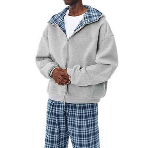 Fabricants de sweats à capuche réversibles à double fermeture éclair, style streetwear, à carreaux, coupe ample et courte pour hommes - Product Image 2