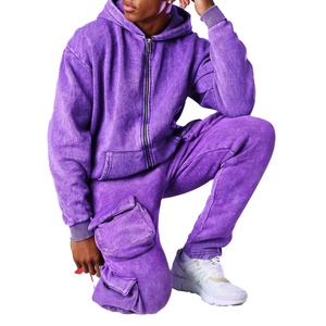 Men's Purple Acid Wash Tracksuit Full <b>Zip</b> <b>Hooded</b> Sweatshirt With Cargo Pants Solid Color 100% Cotton Casual Wear - Product Image 1